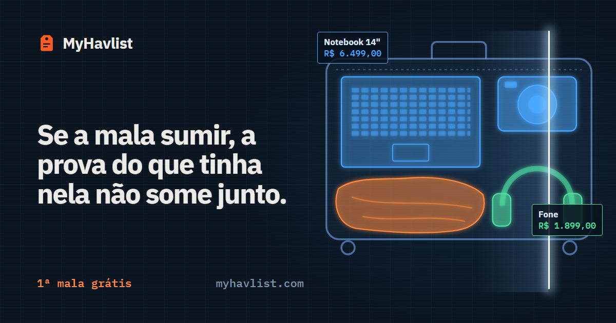 Ilustração do MyHavlist: uma mala com notebook e fone identificados e seus valores